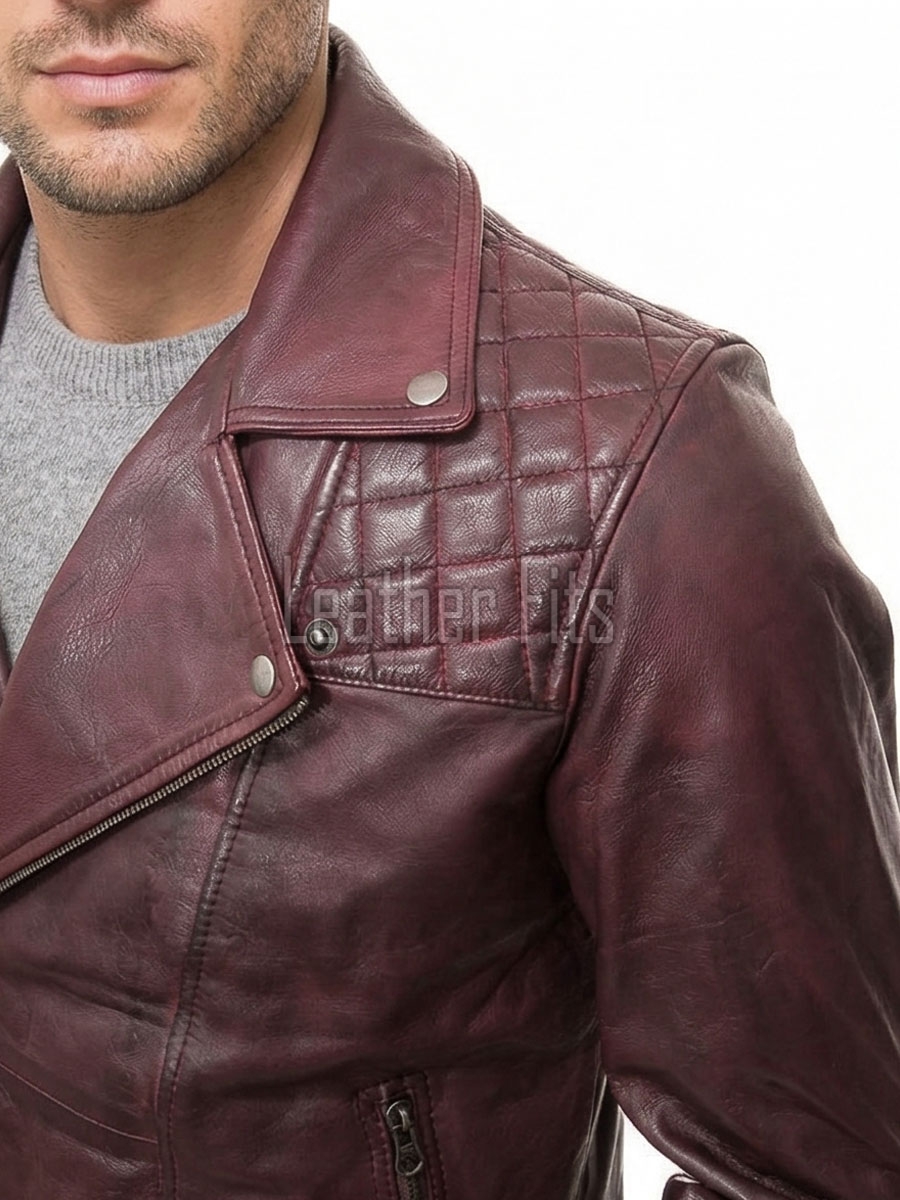 Men Maroon Premium Genuine Leather Biker Jacket - Quilted Shoulder Slim Fit Real Sheepskin Asymmetrical Cross Zip Moto Outerwear for Men