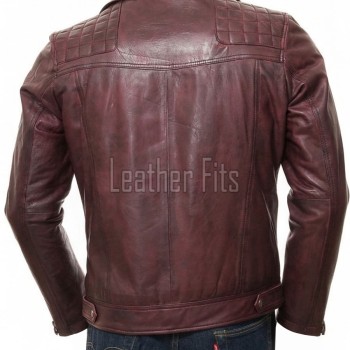 Men Maroon Premium Genuine Leather Biker Jacket - Quilted Shoulder Slim Fit Real Sheepskin Asymmetrical Cross Zip Moto Outerwear for Men