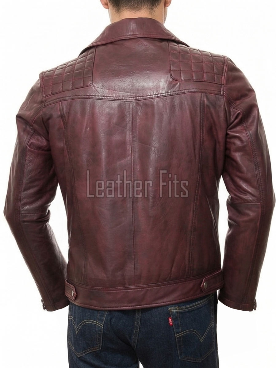 Men Maroon Premium Genuine Leather Biker Jacket - Quilted Shoulder Slim Fit Real Sheepskin Asymmetrical Cross Zip Moto Outerwear for Men
