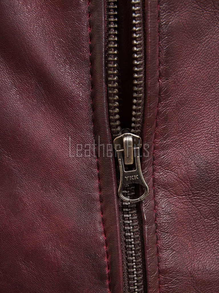 Men Maroon Premium Genuine Leather Biker Jacket - Quilted Shoulder Slim Fit Real Sheepskin Asymmetrical Cross Zip Moto Outerwear for Men