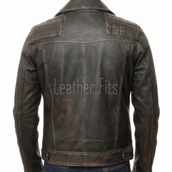 Men Vintage Brown Premium Genuine Leather Biker Jacket - Quilted Shoulder Slim Fit Real Sheepskin Asymmetrical Cross Zip Moto Outerwear Men