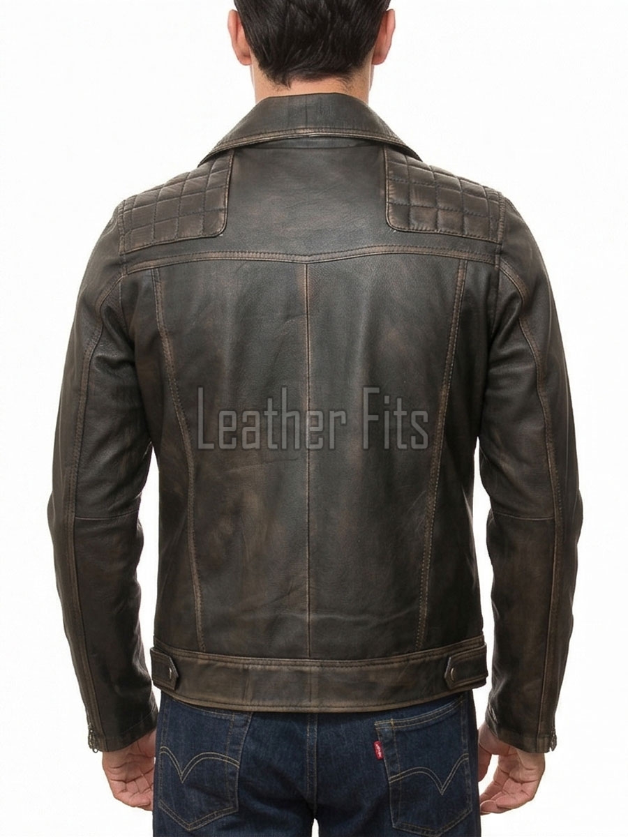 Men Vintage Brown Premium Genuine Leather Biker Jacket - Quilted Shoulder Slim Fit Real Sheepskin Asymmetrical Cross Zip Moto Outerwear Men