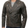 Men Vintage Brown Premium Genuine Leather Biker Jacket - Quilted Shoulder Slim Fit Real Sheepskin Asymmetrical Cross Zip Moto Outerwear Men