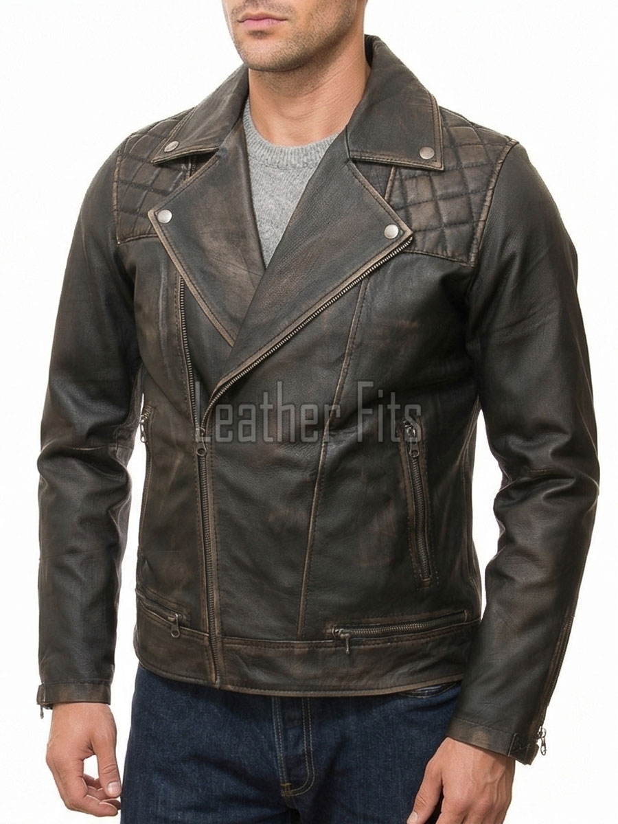 Men Vintage Brown Premium Genuine Leather Biker Jacket - Quilted Shoulder Slim Fit Real Sheepskin Asymmetrical Cross Zip Moto Outerwear Men