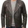 Men Vintage Brown Premium Genuine Leather Biker Jacket - Quilted Shoulder Slim Fit Real Sheepskin Asymmetrical Cross Zip Moto Outerwear Men