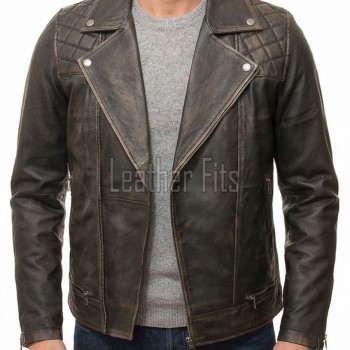 Men Vintage Brown Premium Genuine Leather Biker Jacket - Quilted Shoulder Slim Fit Real Sheepskin Asymmetrical Cross Zip Moto Outerwear Men