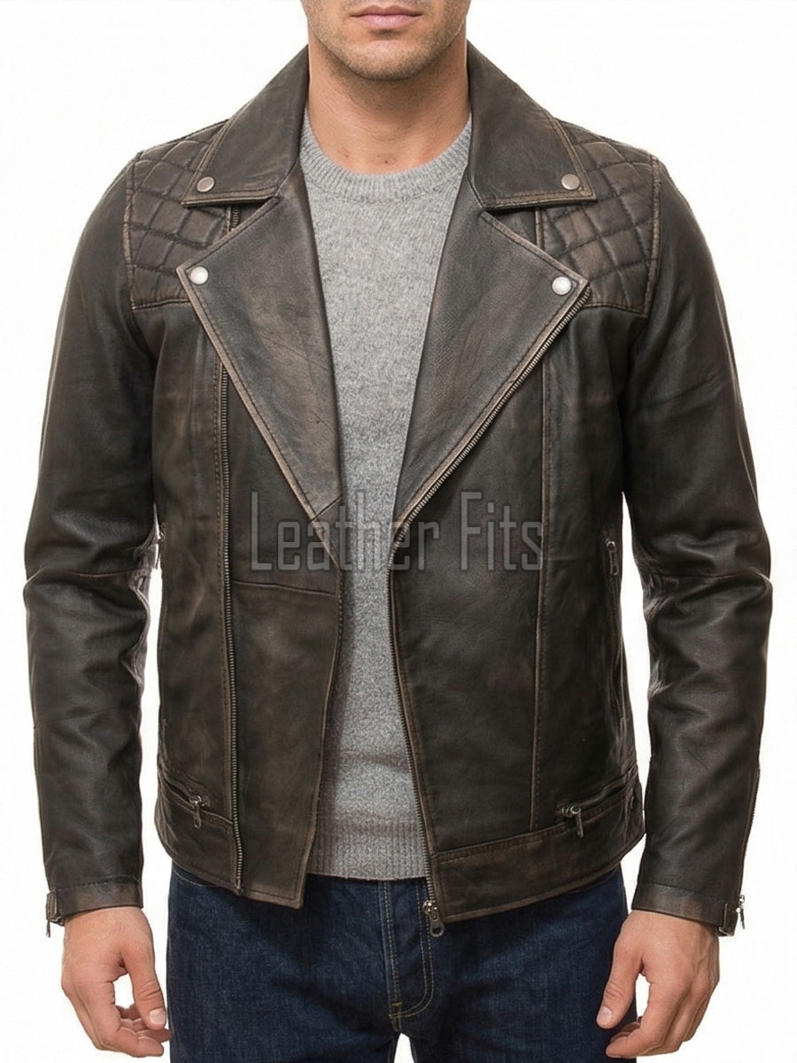 Men Vintage Brown Premium Genuine Leather Biker Jacket - Quilted Shoulder Slim Fit Real Sheepskin Asymmetrical Cross Zip Moto Outerwear Men