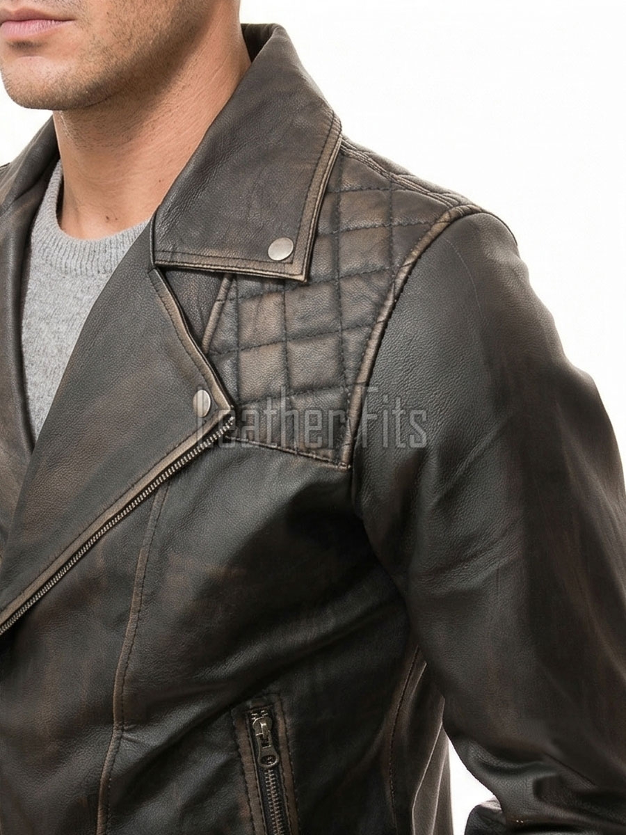 Men Vintage Brown Premium Genuine Leather Biker Jacket - Quilted Shoulder Slim Fit Real Sheepskin Asymmetrical Cross Zip Moto Outerwear Men
