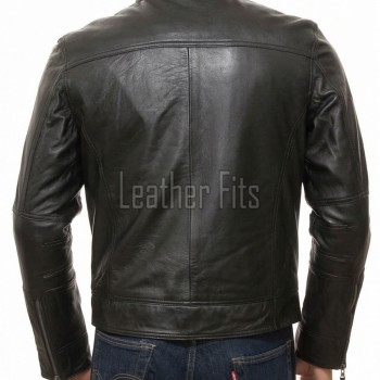 Men Black Premium Genuine Leather Racer Jacket - Mandarin Snap Collar Slim Fit Real Sheepskin Center Zip Sleek Moto Outerwear for Men