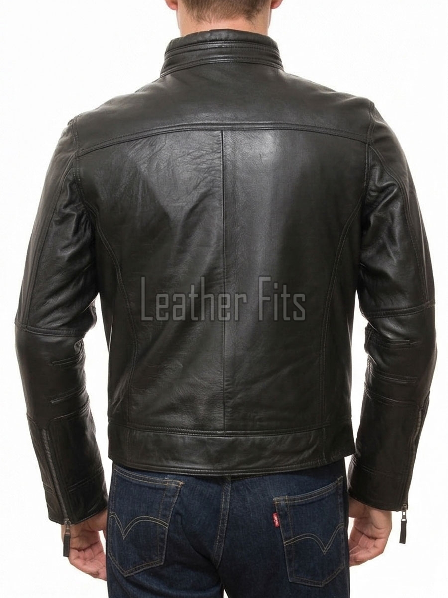Men Black Premium Genuine Leather Racer Jacket - Mandarin Snap Collar Slim Fit Real Sheepskin Center Zip Sleek Moto Outerwear for Men