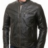 Men Black Premium Genuine Leather Racer Jacket - Mandarin Snap Collar Slim Fit Real Sheepskin Center Zip Sleek Moto Outerwear for Men