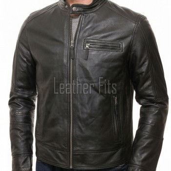 Men Black Premium Genuine Leather Racer Jacket - Mandarin Snap Collar Slim Fit Real Sheepskin Center Zip Sleek Moto Outerwear for Men