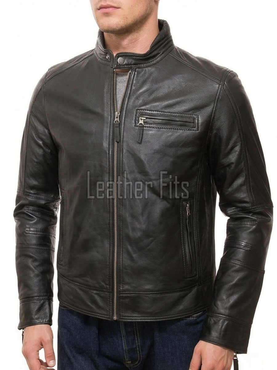 Men Black Premium Genuine Leather Racer Jacket - Mandarin Snap Collar Slim Fit Real Sheepskin Center Zip Sleek Moto Outerwear for Men