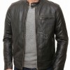 Men Black Premium Genuine Leather Racer Jacket - Mandarin Snap Collar Slim Fit Real Sheepskin Center Zip Sleek Moto Outerwear for Men