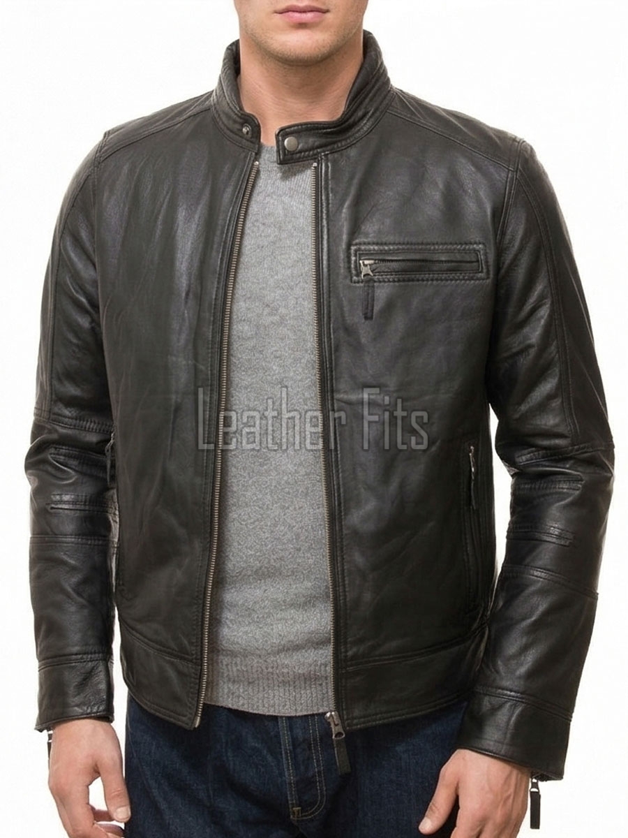 Men Black Premium Genuine Leather Racer Jacket - Mandarin Snap Collar Slim Fit Real Sheepskin Center Zip Sleek Moto Outerwear for Men