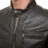 Men Black Premium Genuine Leather Racer Jacket - Mandarin Snap Collar Slim Fit Real Sheepskin Center Zip Sleek Moto Outerwear for Men