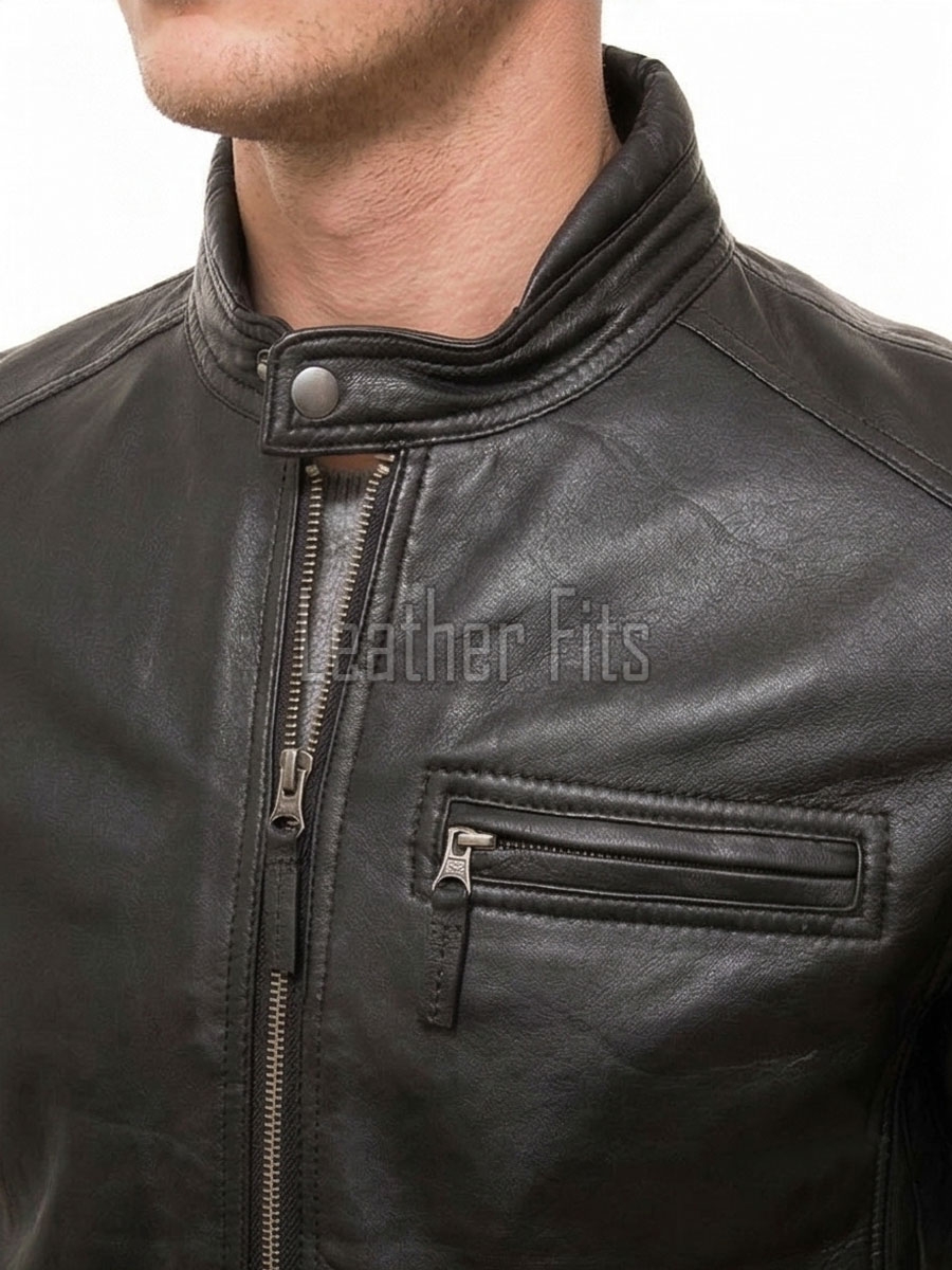 Men Black Premium Genuine Leather Racer Jacket - Mandarin Snap Collar Slim Fit Real Sheepskin Center Zip Sleek Moto Outerwear for Men