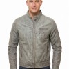 Men Grey Premium Genuine Leather Racer Jacket - Mandarin Snap Collar Slim Fit Real Sheepskin Washed Distressed Moto Outerwear for Men