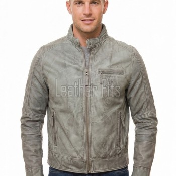 Men Grey Premium Genuine Leather Racer Jacket - Mandarin Snap Collar Slim Fit Real Sheepskin Washed Distressed Moto Outerwear for Men