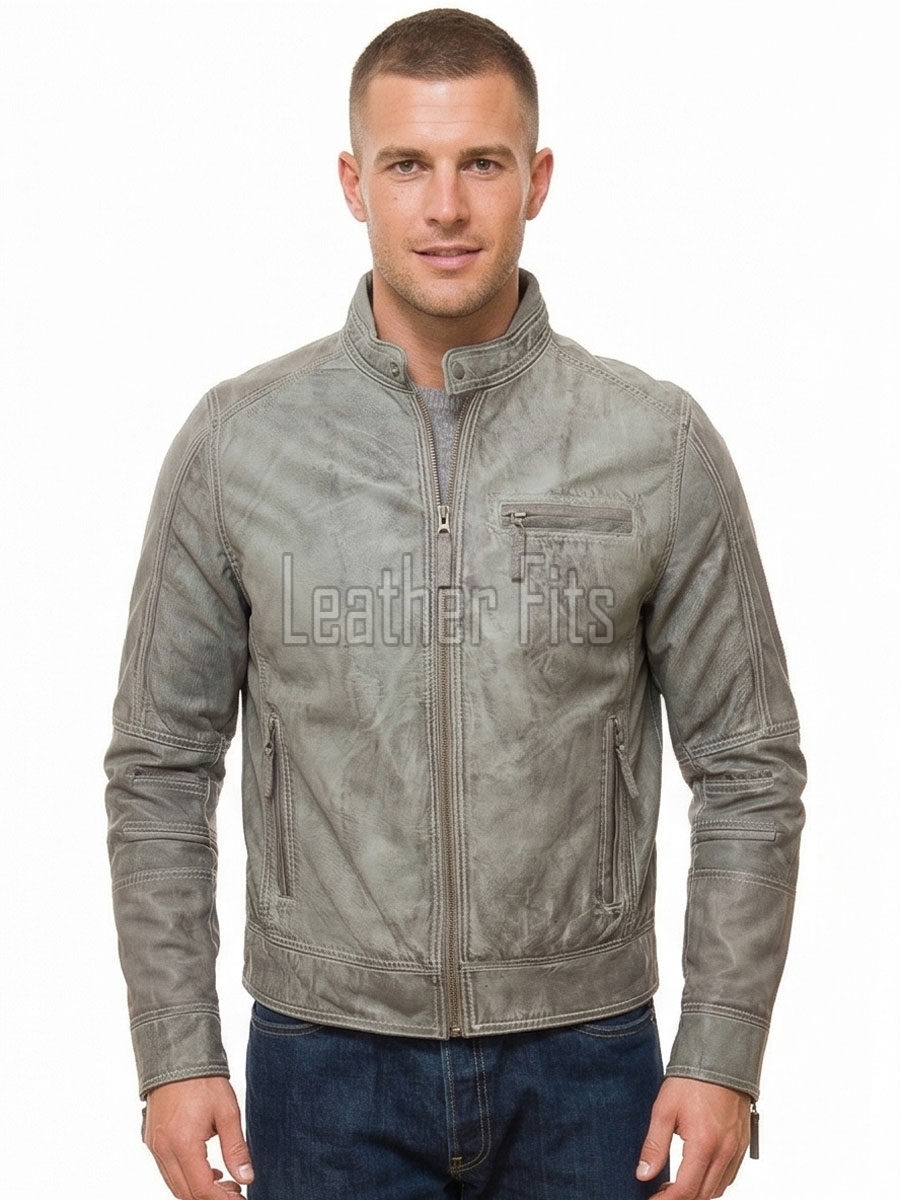 Men Grey Premium Genuine Leather Racer Jacket - Mandarin Snap Collar Slim Fit Real Sheepskin Washed Distressed Moto Outerwear for Men