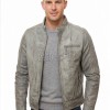 Men Grey Premium Genuine Leather Racer Jacket - Mandarin Snap Collar Slim Fit Real Sheepskin Washed Distressed Moto Outerwear for Men