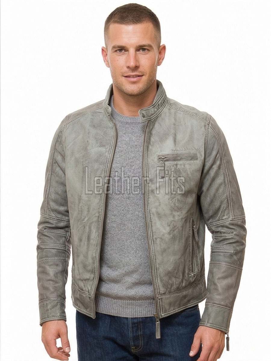 Men Grey Premium Genuine Leather Racer Jacket - Mandarin Snap Collar Slim Fit Real Sheepskin Washed Distressed Moto Outerwear for Men