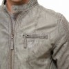 Men Grey Premium Genuine Leather Racer Jacket - Mandarin Snap Collar Slim Fit Real Sheepskin Washed Distressed Moto Outerwear for Men
