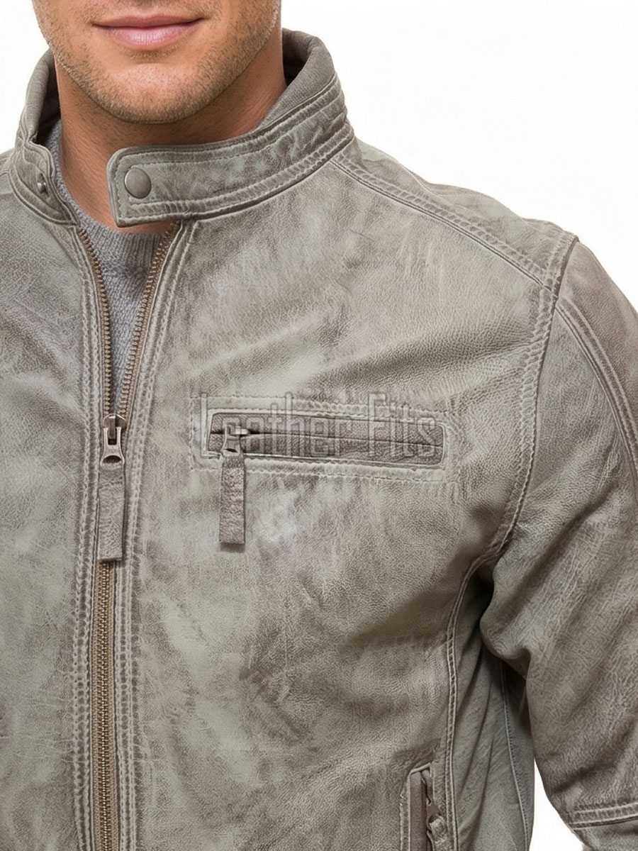 Men Grey Premium Genuine Leather Racer Jacket - Mandarin Snap Collar Slim Fit Real Sheepskin Washed Distressed Moto Outerwear for Men