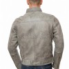 Men Grey Premium Genuine Leather Racer Jacket - Mandarin Snap Collar Slim Fit Real Sheepskin Washed Distressed Moto Outerwear for Men