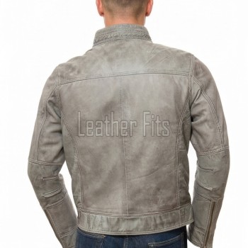 Men Grey Premium Genuine Leather Racer Jacket - Mandarin Snap Collar Slim Fit Real Sheepskin Washed Distressed Moto Outerwear for Men