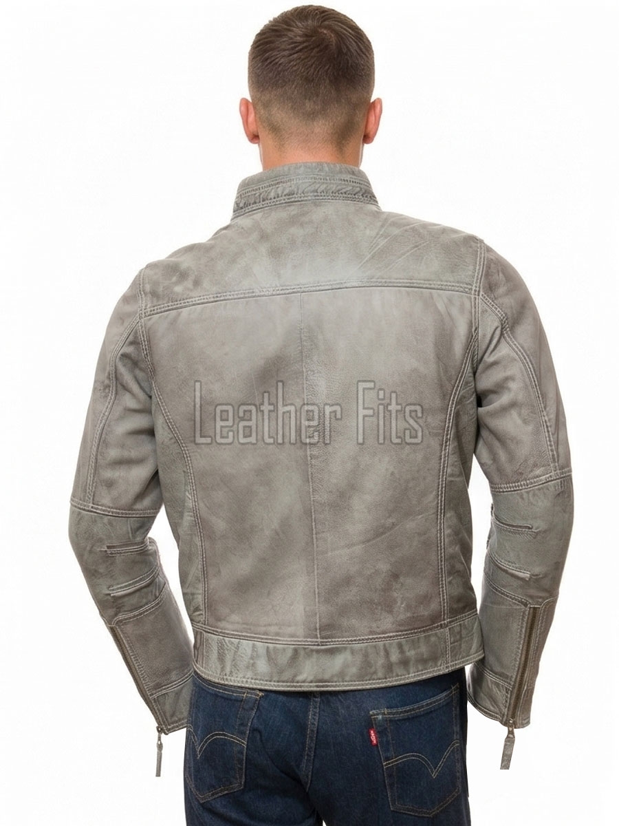Men Grey Premium Genuine Leather Racer Jacket - Mandarin Snap Collar Slim Fit Real Sheepskin Washed Distressed Moto Outerwear for Men