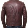 Men Maroon Premium Genuine Leather Racer Jacket - Mandarin Snap Collar Slim Fit Real Sheepskin Burgundy Distressed Moto Outerwear Men