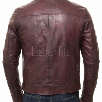 Men Maroon Premium Genuine Leather Racer Jacket - Mandarin Snap Collar Slim Fit Real Sheepskin Burgundy Distressed Moto Outerwear Men