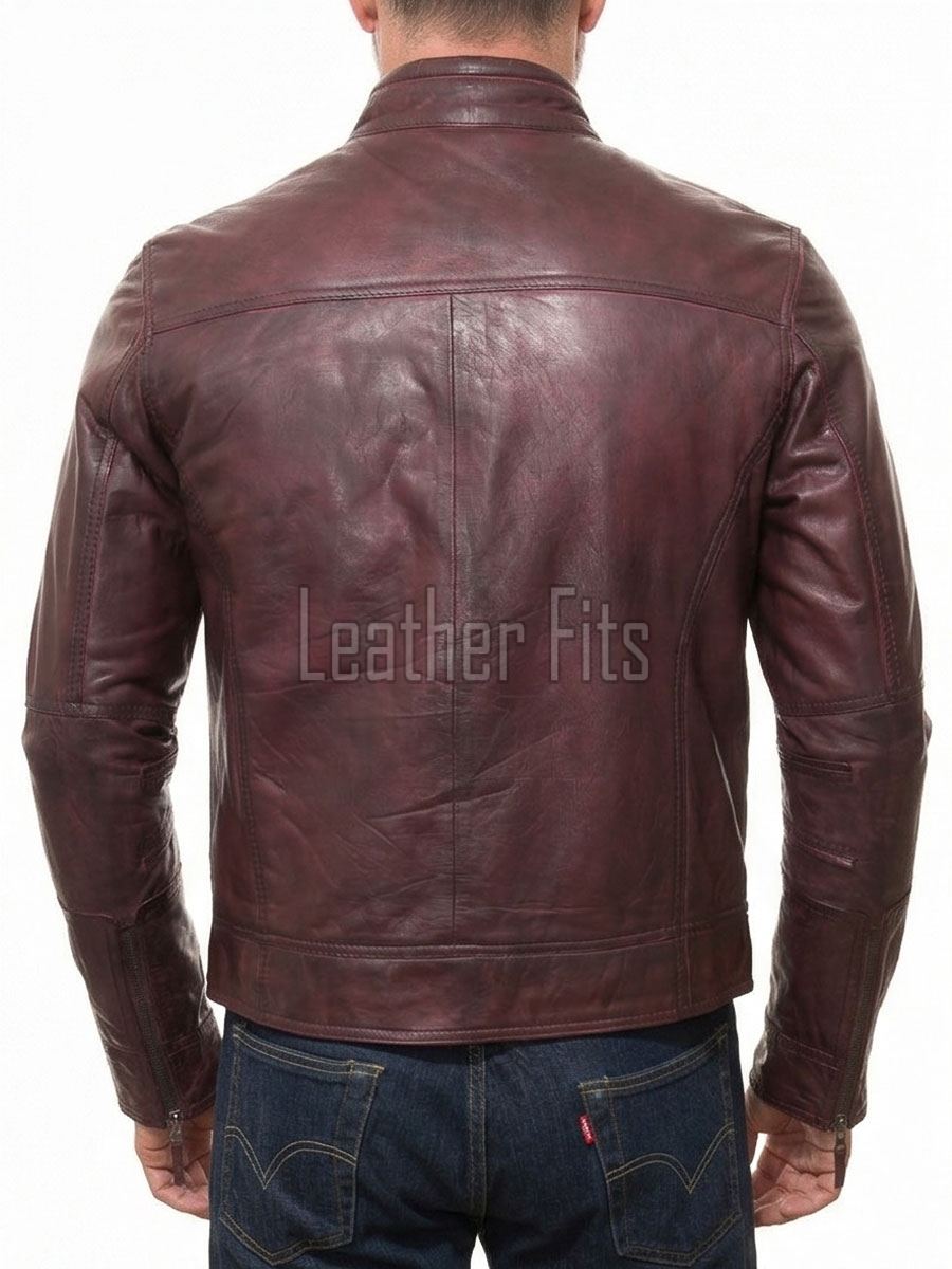 Men Maroon Premium Genuine Leather Racer Jacket - Mandarin Snap Collar Slim Fit Real Sheepskin Burgundy Distressed Moto Outerwear Men