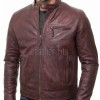Men Maroon Premium Genuine Leather Racer Jacket - Mandarin Snap Collar Slim Fit Real Sheepskin Burgundy Distressed Moto Outerwear Men