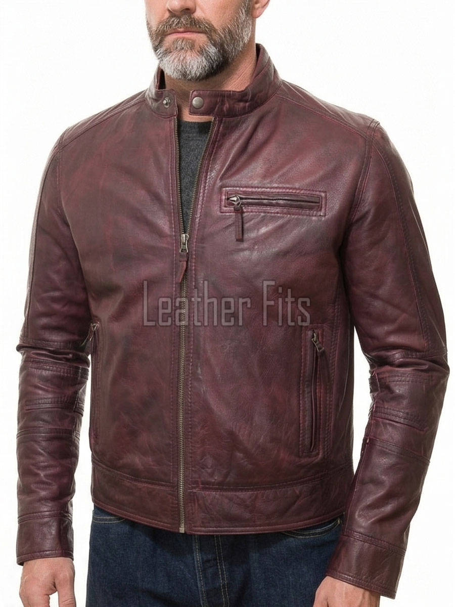 Men Maroon Premium Genuine Leather Racer Jacket - Mandarin Snap Collar Slim Fit Real Sheepskin Burgundy Distressed Moto Outerwear Men