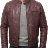 Men Maroon Premium Genuine Leather Racer Jacket - Mandarin Snap Collar Slim Fit Real Sheepskin Burgundy Distressed Moto Outerwear Men