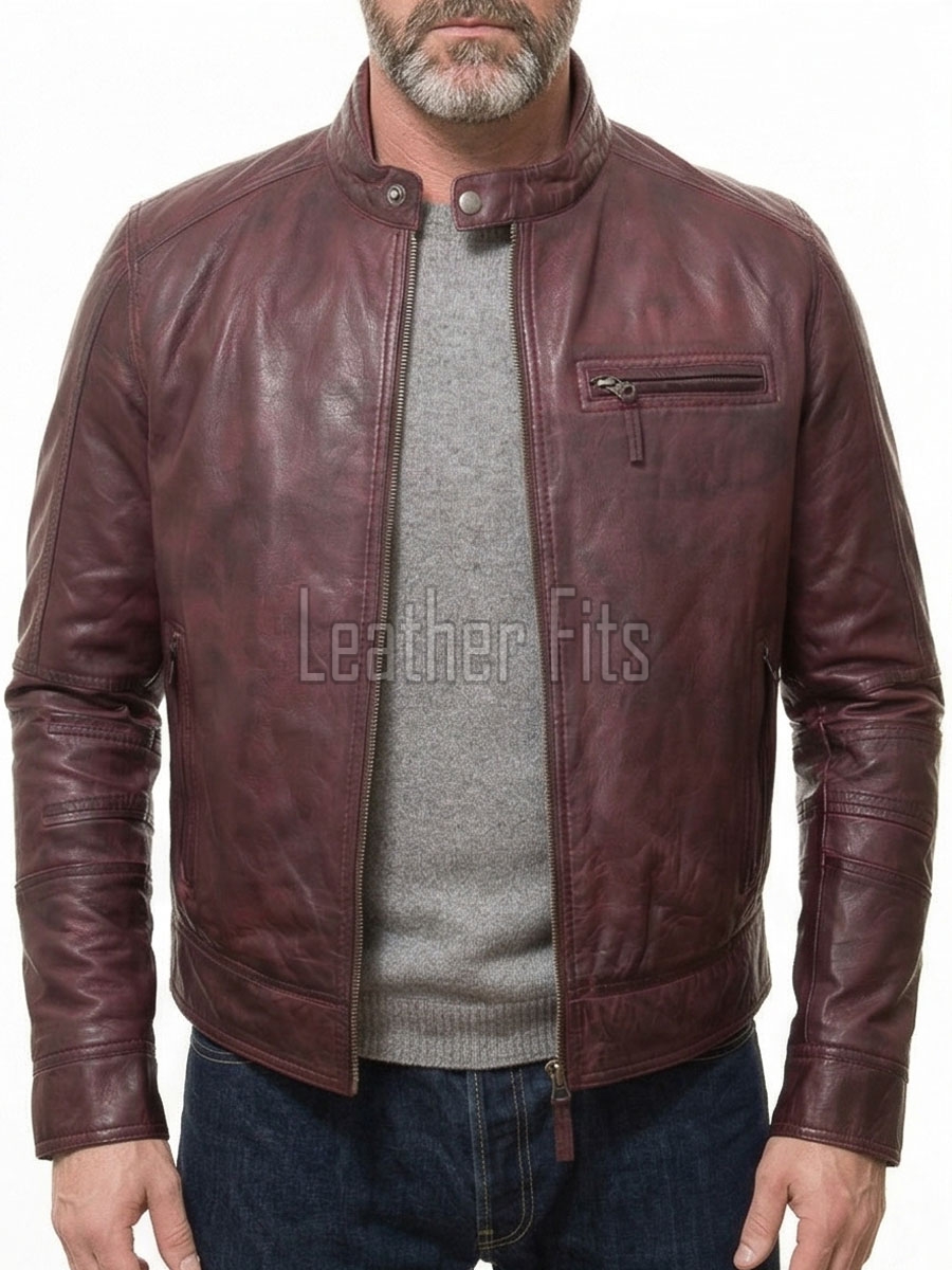 Men Maroon Premium Genuine Leather Racer Jacket - Mandarin Snap Collar Slim Fit Real Sheepskin Burgundy Distressed Moto Outerwear Men