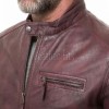 Men Maroon Premium Genuine Leather Racer Jacket - Mandarin Snap Collar Slim Fit Real Sheepskin Burgundy Distressed Moto Outerwear Men