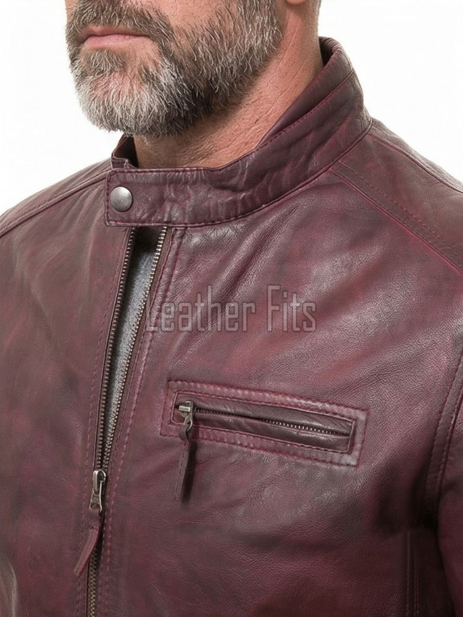 Men Maroon Premium Genuine Leather Racer Jacket - Mandarin Snap Collar Slim Fit Real Sheepskin Burgundy Distressed Moto Outerwear Men