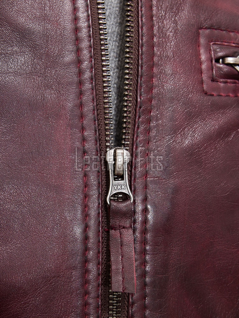 Men Maroon Premium Genuine Leather Racer Jacket - Mandarin Snap Collar Slim Fit Real Sheepskin Burgundy Distressed Moto Outerwear Men