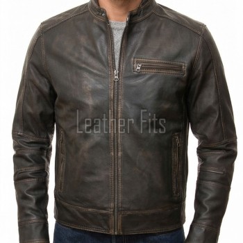 Men Vintage Brown Premium Genuine Leather Racer Jacket - Mandarin Snap Collar Slim Fit Real Sheepskin Distressed Dark Moto Outerwear Men