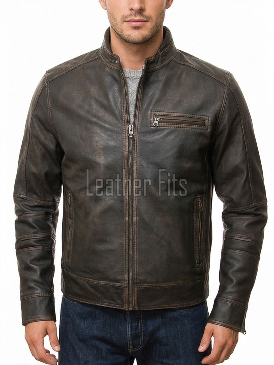 Men Vintage Brown Premium Genuine Leather Racer Jacket - Mandarin Snap Collar Slim Fit Real Sheepskin Distressed Dark Moto Outerwear Men