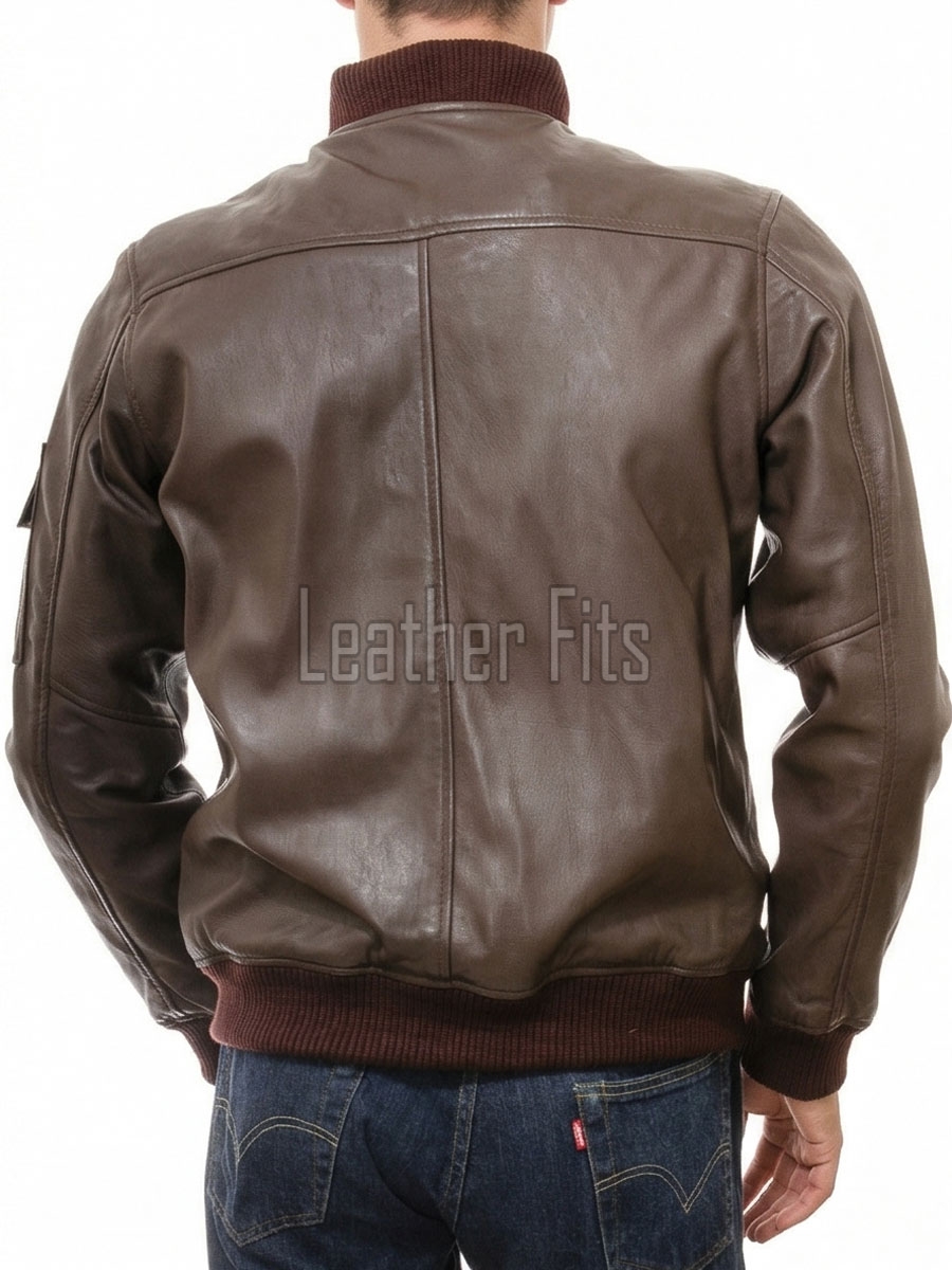 Men Brown Premium Genuine Leather Bomber Jacket - Rib Knit Trim Slim Fit Real Sheepskin MA1 Flight Moto Tactical Outerwear Men