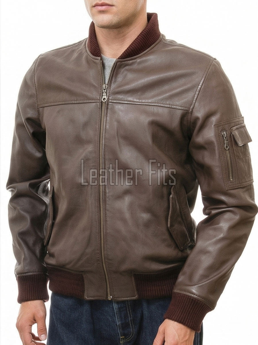 Men Brown Premium Genuine Leather Bomber Jacket - Rib Knit Trim Slim Fit Real Sheepskin MA1 Flight Moto Tactical Outerwear Men
