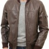 Men Brown Premium Genuine Leather Bomber Jacket - Rib Knit Trim Slim Fit Real Sheepskin MA1 Flight Moto Tactical Outerwear Men