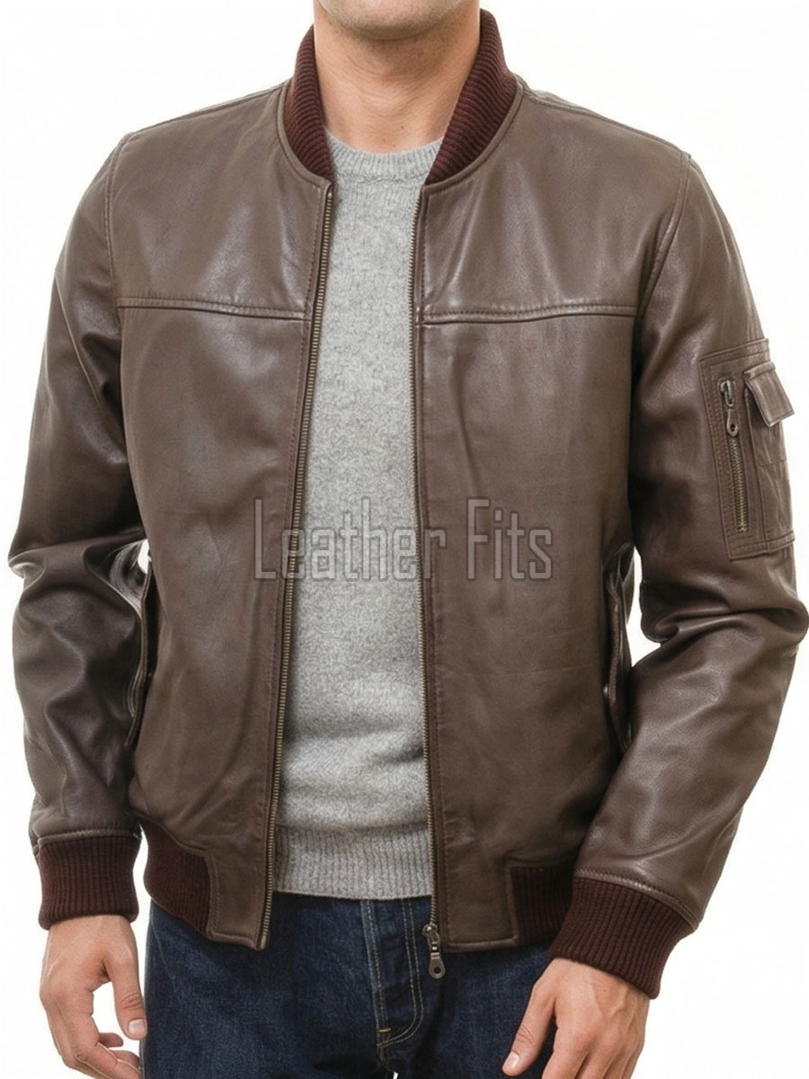 Men Brown Premium Genuine Leather Bomber Jacket - Rib Knit Trim Slim Fit Real Sheepskin MA1 Flight Moto Tactical Outerwear Men