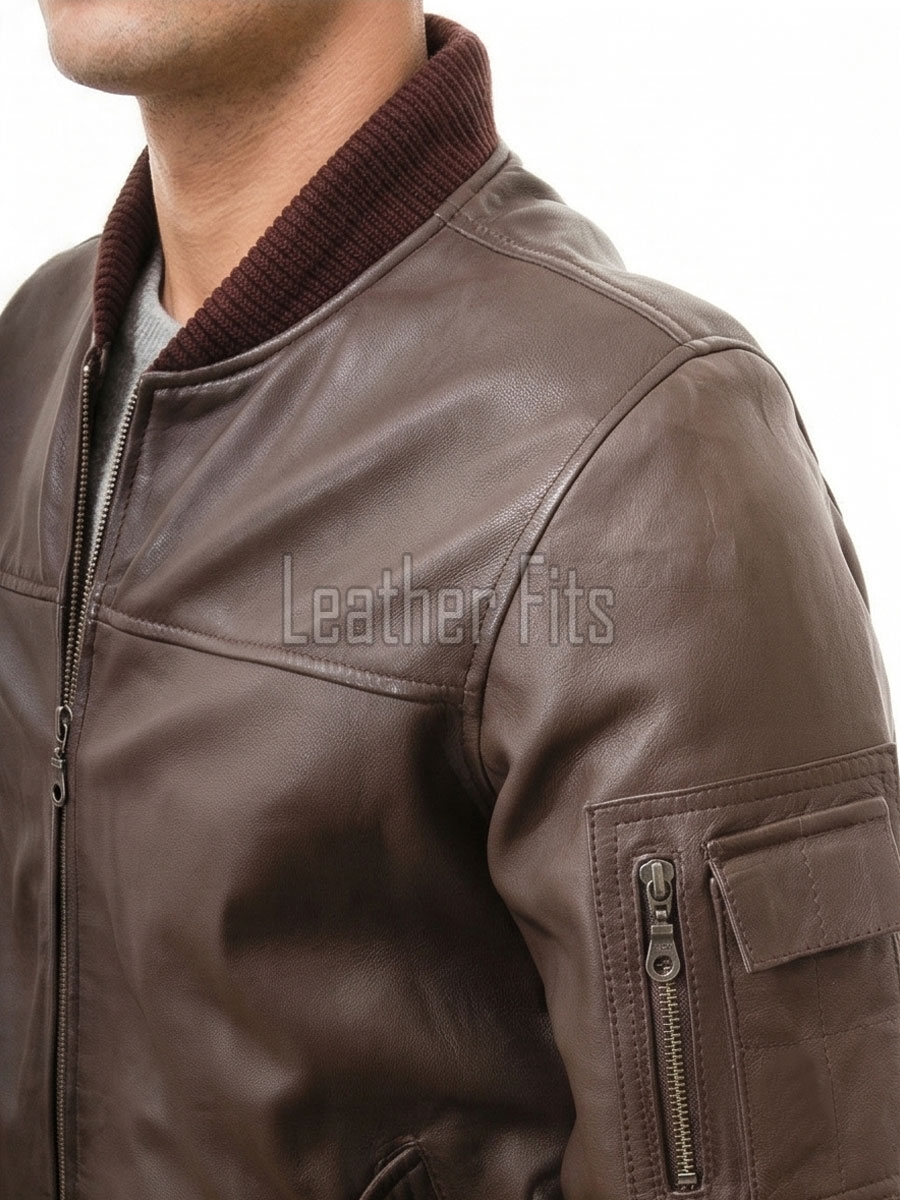 Men Brown Premium Genuine Leather Bomber Jacket - Rib Knit Trim Slim Fit Real Sheepskin MA1 Flight Moto Tactical Outerwear Men