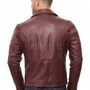 Men Burgundy Premium Genuine Leather Biker Jacket - Asymmetric Zip Quilted Shoulder Real Sheepskin Slim Fit Maroon Moto Outerwear Men