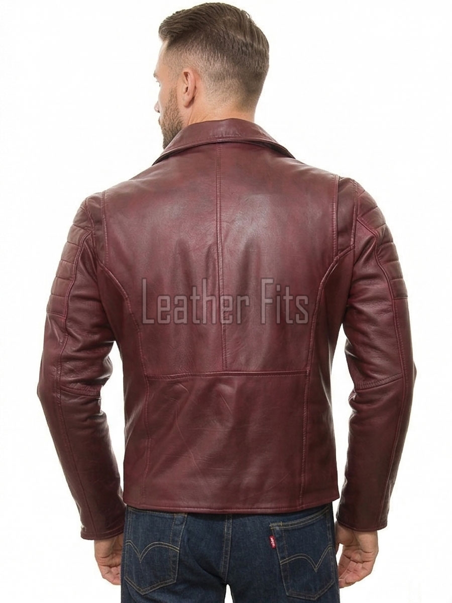Men Burgundy Premium Genuine Leather Biker Jacket - Asymmetric Zip Quilted Shoulder Real Sheepskin Slim Fit Maroon Moto Outerwear Men